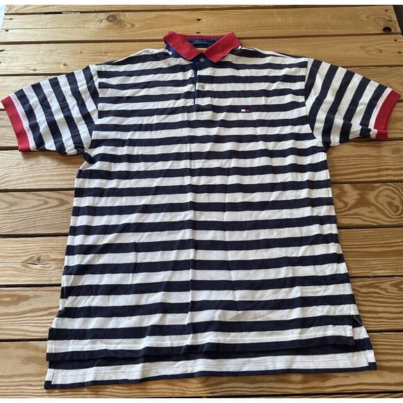 Vintage Tommy Hilfiger Stripe Polo Shirt Size Medium Men’s Navy White - Picture 1 of 7